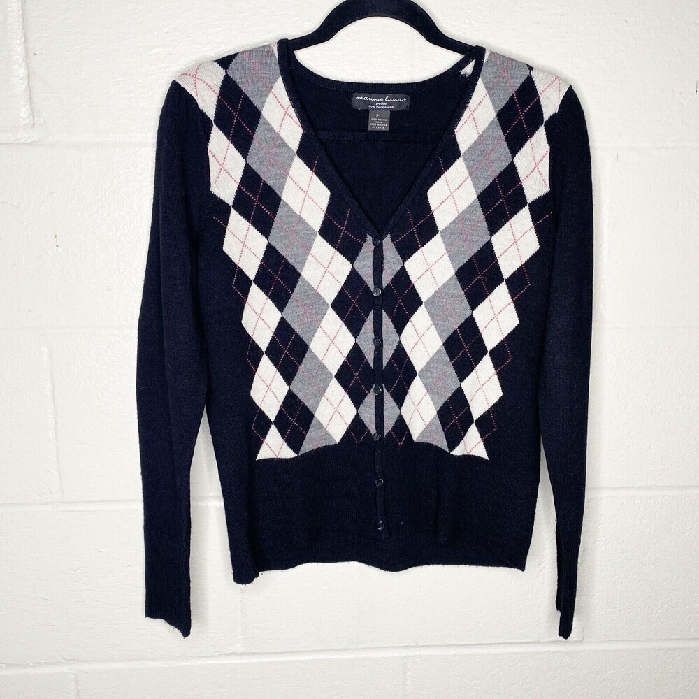 Marina Luna 100% Merino Womens Black Argyle Cardigan Sweater SZ PL